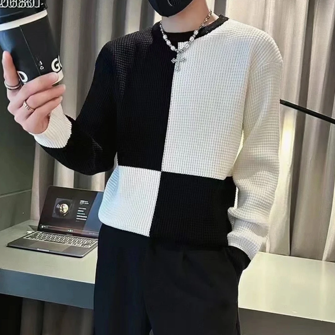 99新 Chanel/香奈儿 21C黑白拼色华夫格圆领针织长袖卫衣36码