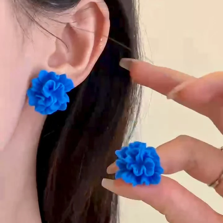 合金耳饰 【好显白的蓝~】克莱因蓝立体法式小清新湛蓝色花朵耳钉