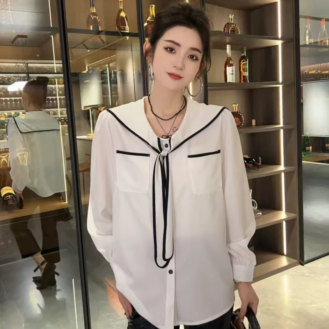 岚岚大码女装时尚减龄海军风百搭衬衫9155