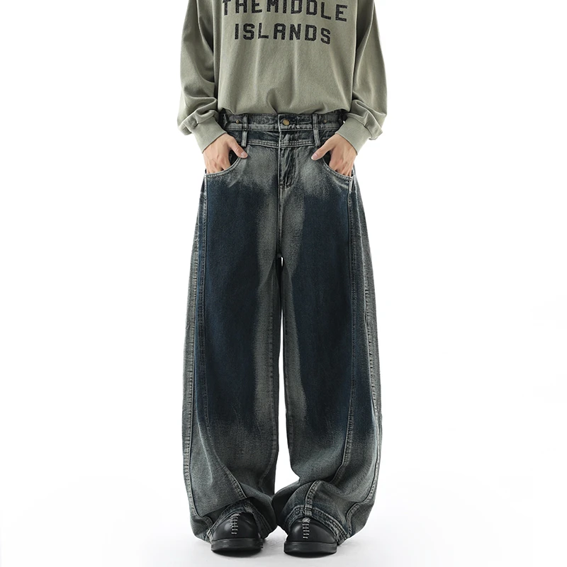 美式vibe牛仔裤男生夏季潮牌街头双拼撞色长裤高街休闲宽松阔腿裤