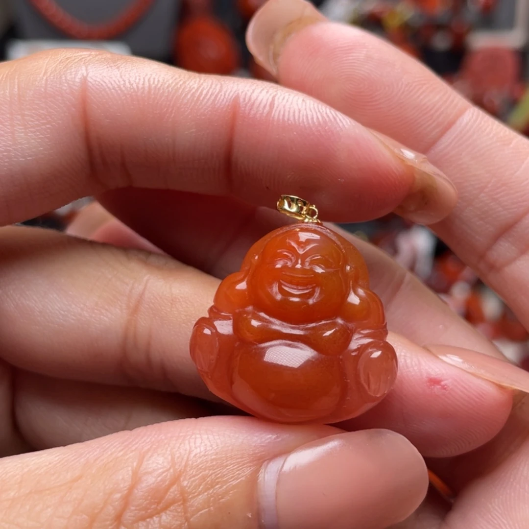 【闪购商品】南红玛瑙弥勒佛18K金镶嵌大**风