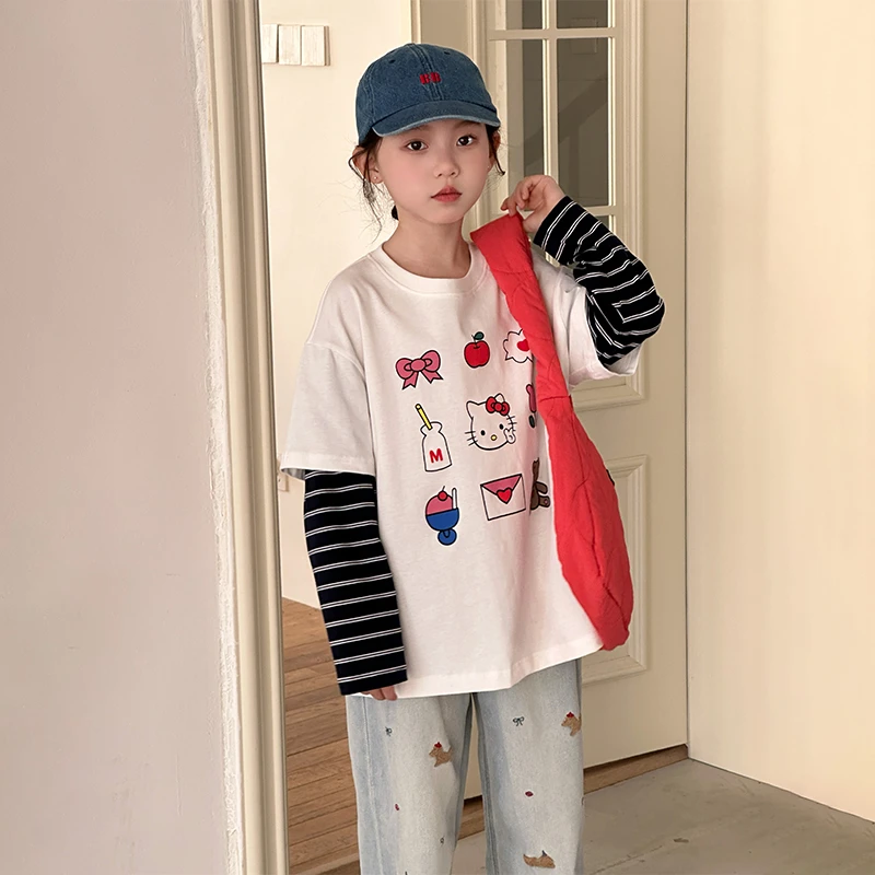 女童独特超好看T恤春秋2025新款儿童假两件衣服女孩大童白色上衣