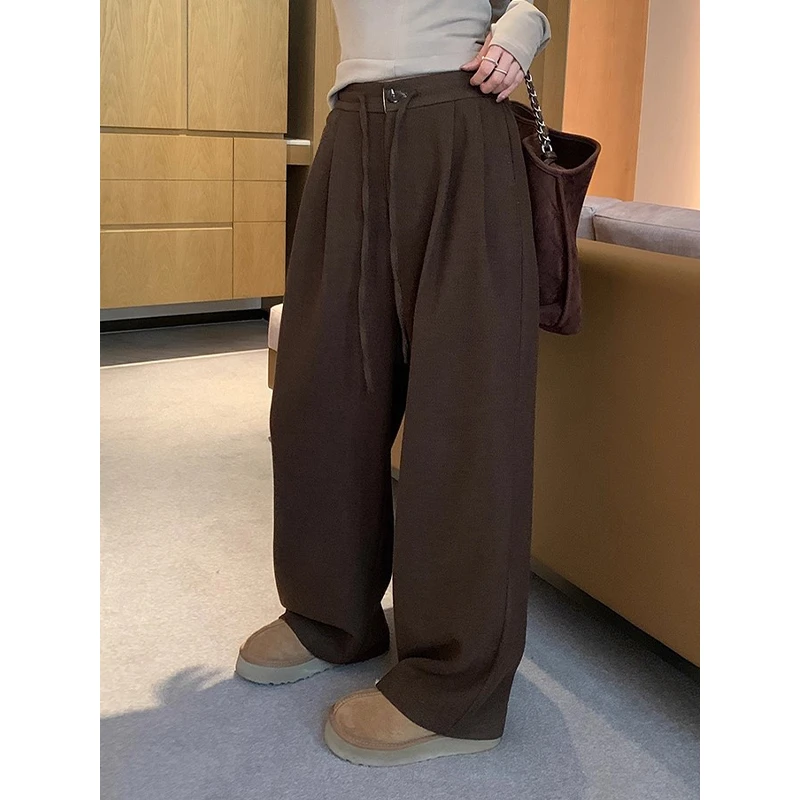 耶古复古毛呢休闲裤女秋冬季小个子高腰宽松阔腿裤绒感直筒长裤