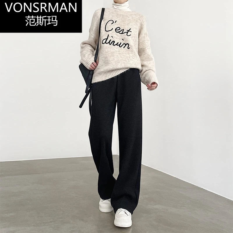 黑灰色阔腿裤女2025新款秋冬垂感高级感小个子窄版直筒加绒毛呢裤