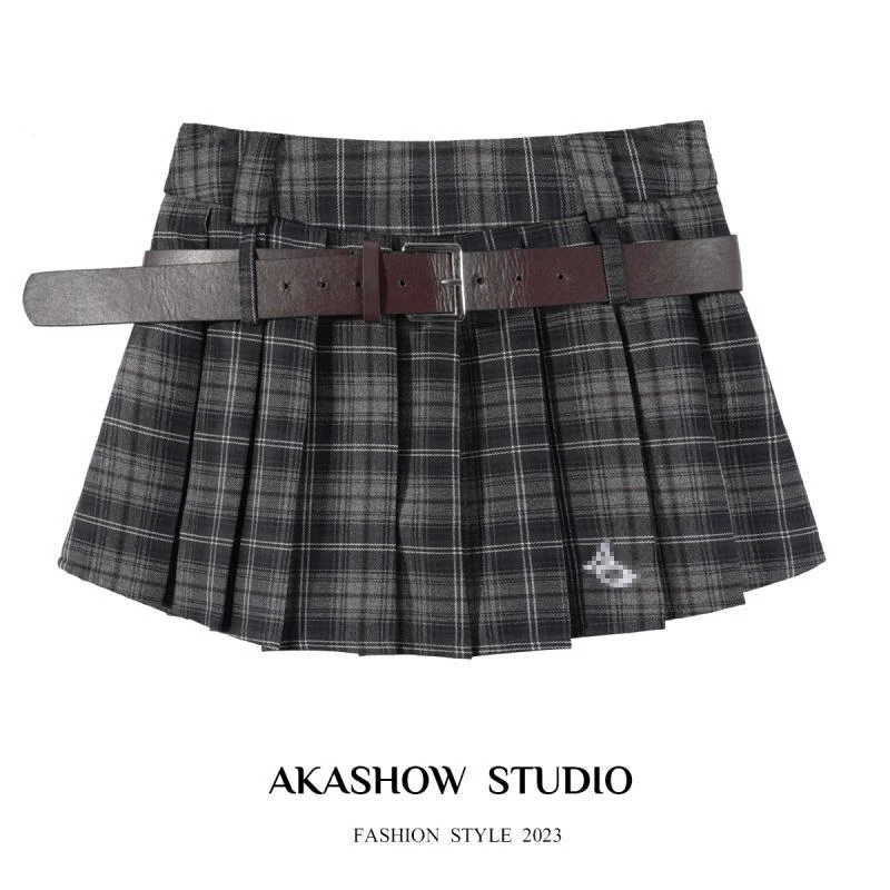 百褶裙女春夏新款学院风高腰显瘦a字短裙辣妹咖色半身裙白色蕾丝