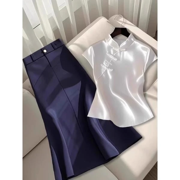 新中式女装盘扣上衣半身裙套装2025新款大码胖mm高级感国风两件套