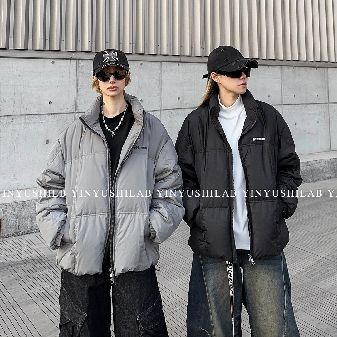 美式简约立领宽松字母羽绒服冬季百搭保暖90白鸭绒外套男女同款