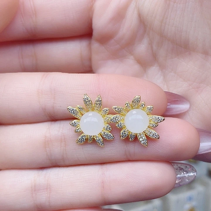 和田玉银S925镀金镶嵌耳饰