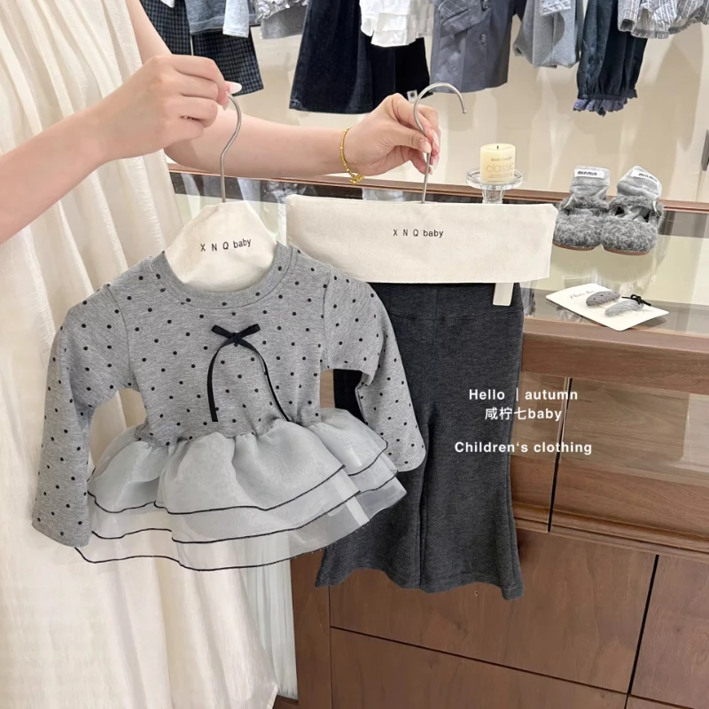 韩国女童套装2025秋新款洋气波点设计感花边网纱拼接上衣喇叭裤