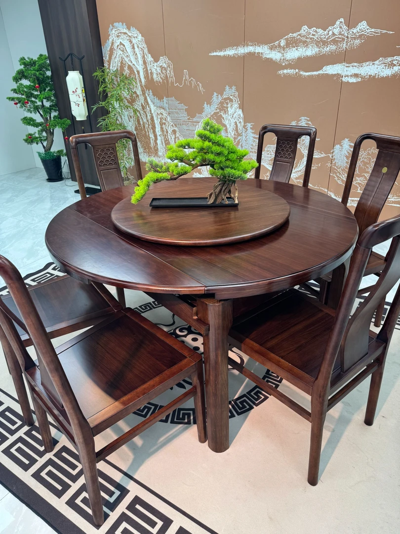 乌金木工艺全实木餐桌椅组合新中式可折叠方圆两用家用小户型饭桌