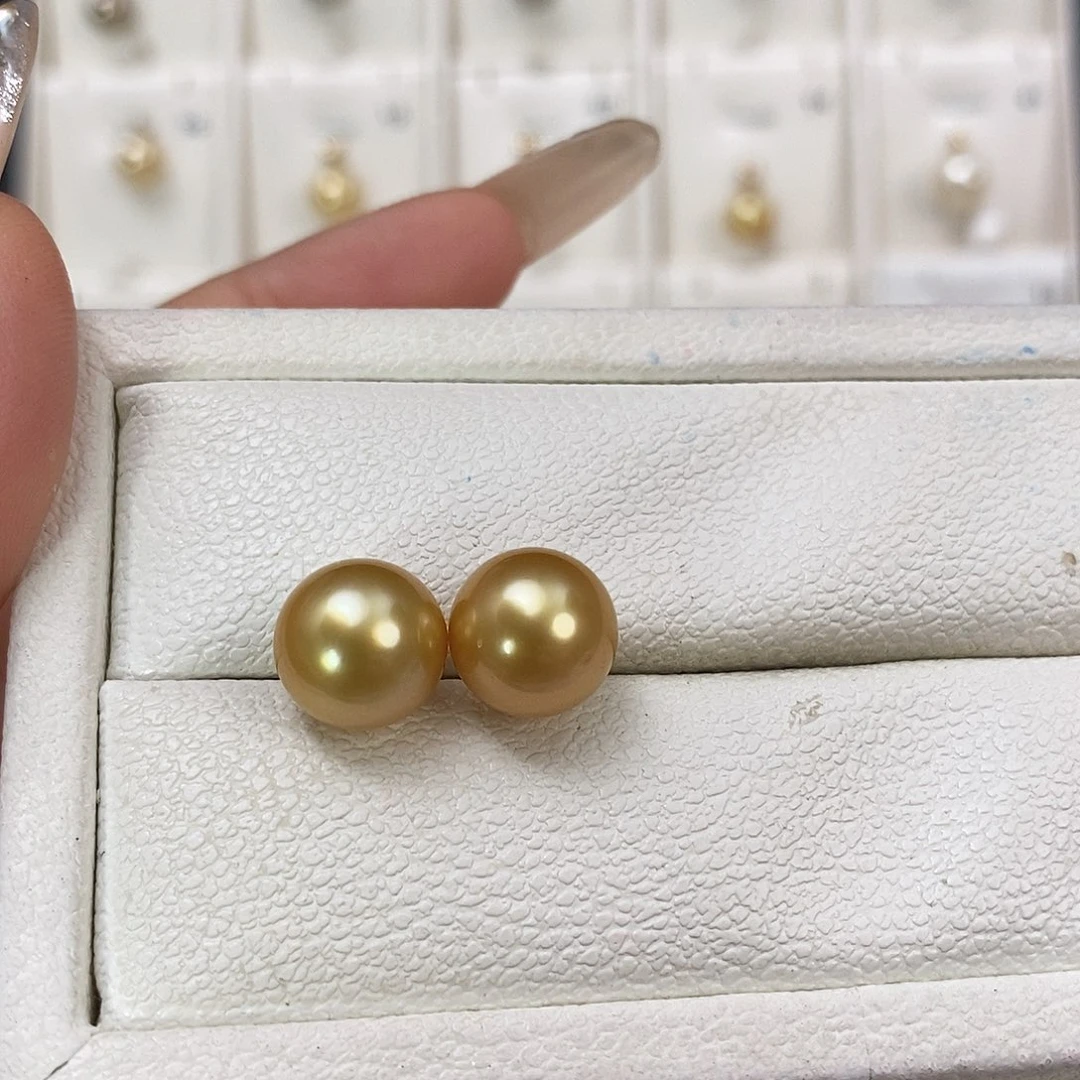 耳饰银S925镶嵌海水珍珠金珠10-11