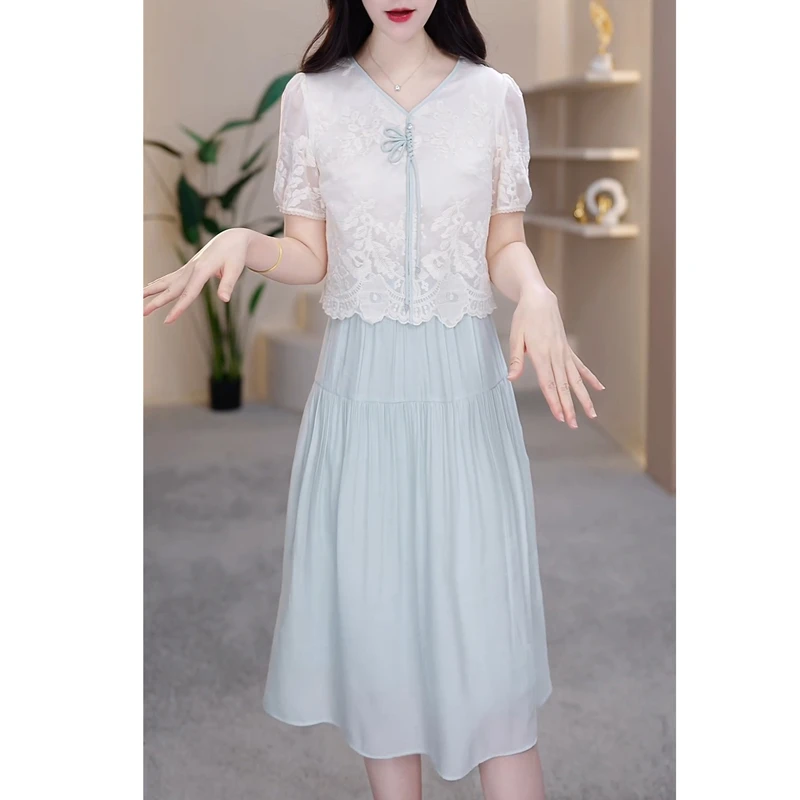 清新高端复古假两件气质连衣裙2025夏季新款修身显瘦减龄中长裙子