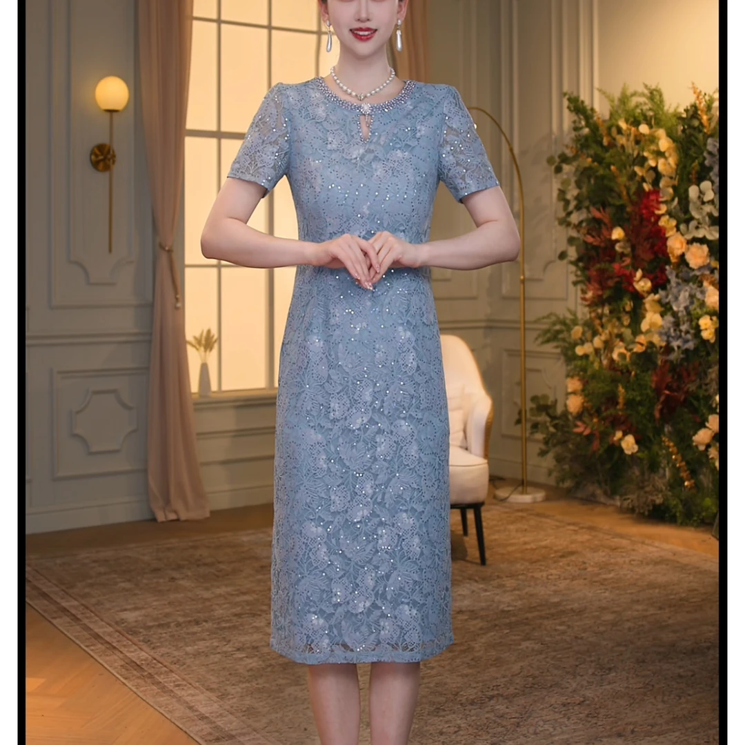 【香妮芬】83316新款天蓝色显瘦蕾丝女装连衣裙轻奢高定长裙
