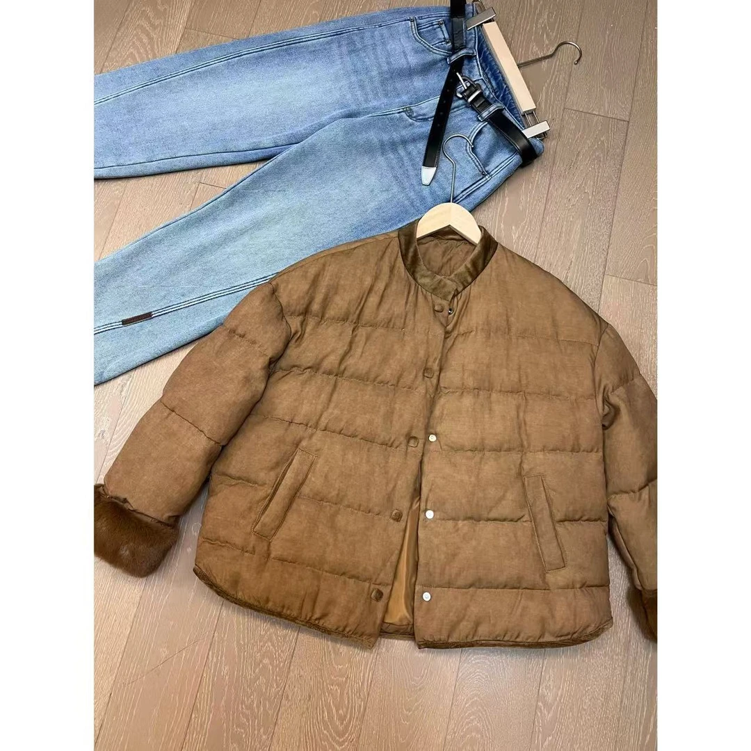 欧尼私服 小众设计买手店复古秋叶咖丝绒拼接羽绒服2411B5360