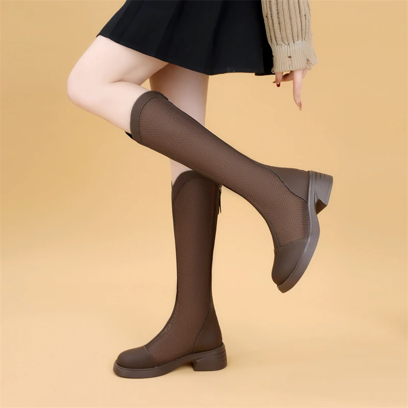 舒适百搭网纱镂空凉靴女长筒靴增高长靴夏季薄款透气粗跟高筒网靴