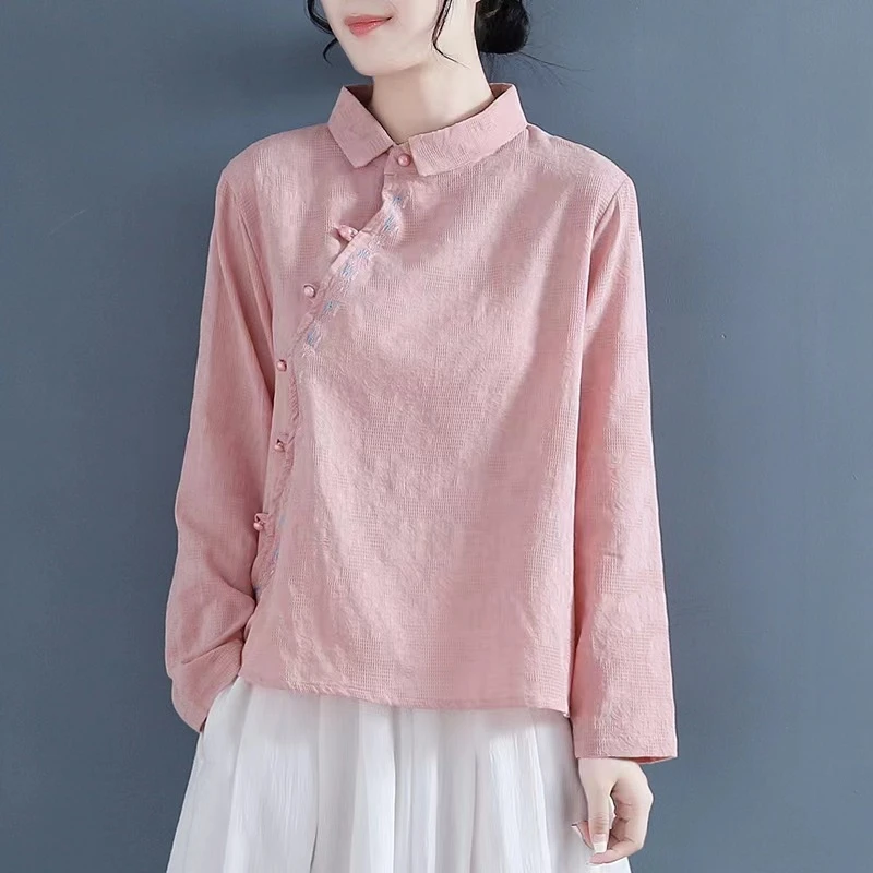 文艺中国风棉麻衬衫女茶服中式复古斜襟提花立领上衣显瘦禅意衬衣