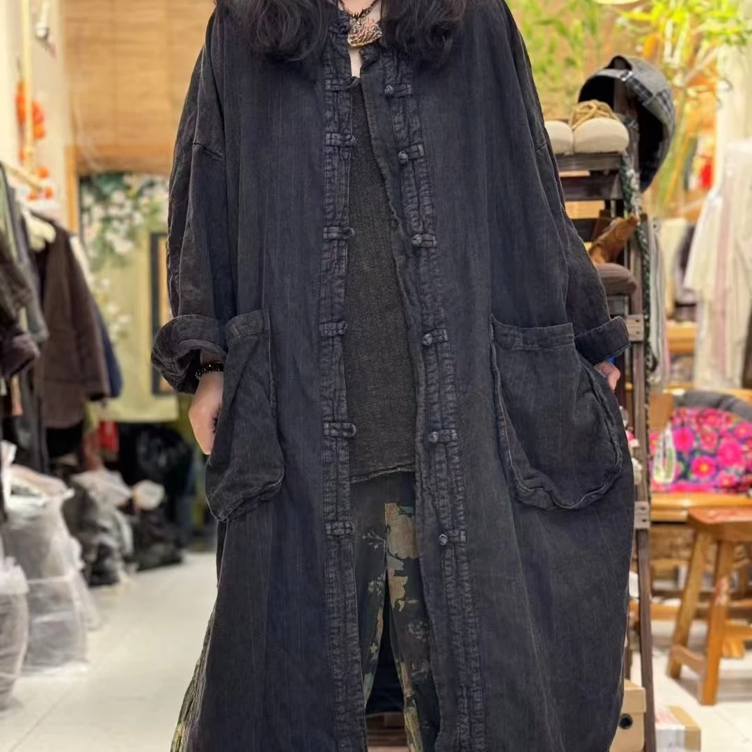 新中式亚麻盘扣外套宽松中长款大兜风衣