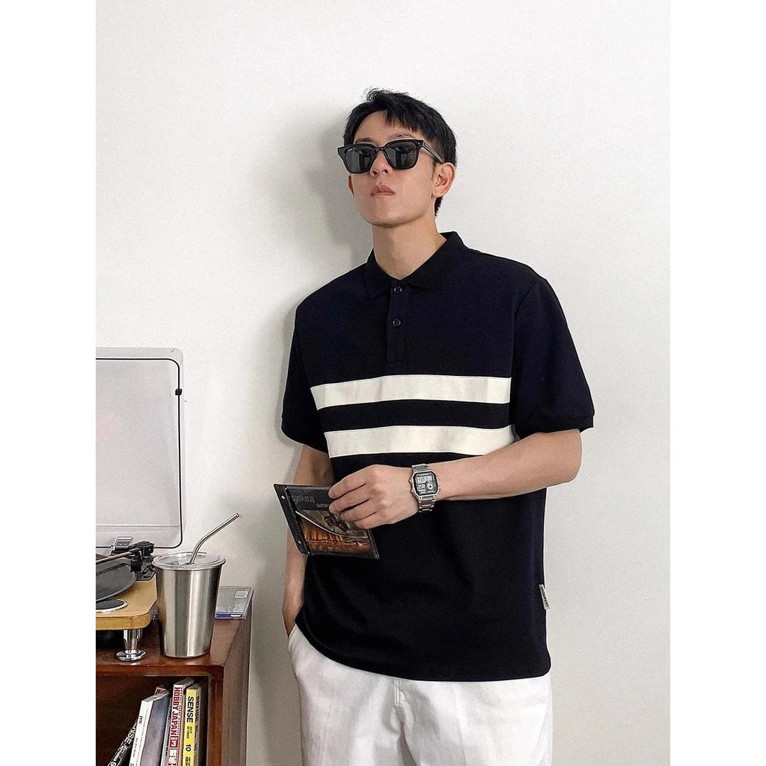 夏季薄款高级休闲拼色polo短袖新款潮流高街上衣男士百搭条纹体恤