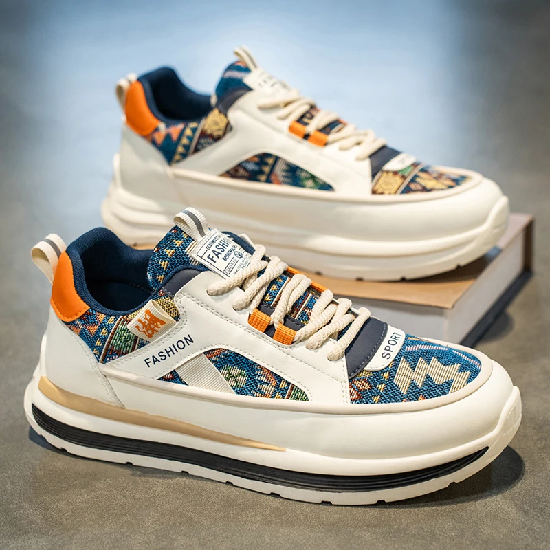 国潮男鞋2025夏季新款透气休闲百搭刺绣花布运动鞋男士增高老爹鞋