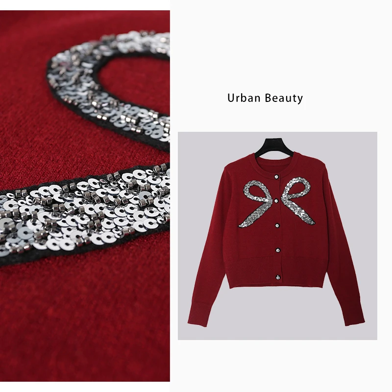 露思同款蝴蝶结亮片高级品质针织衫上衣轻奢时尚百搭圆领DF7119