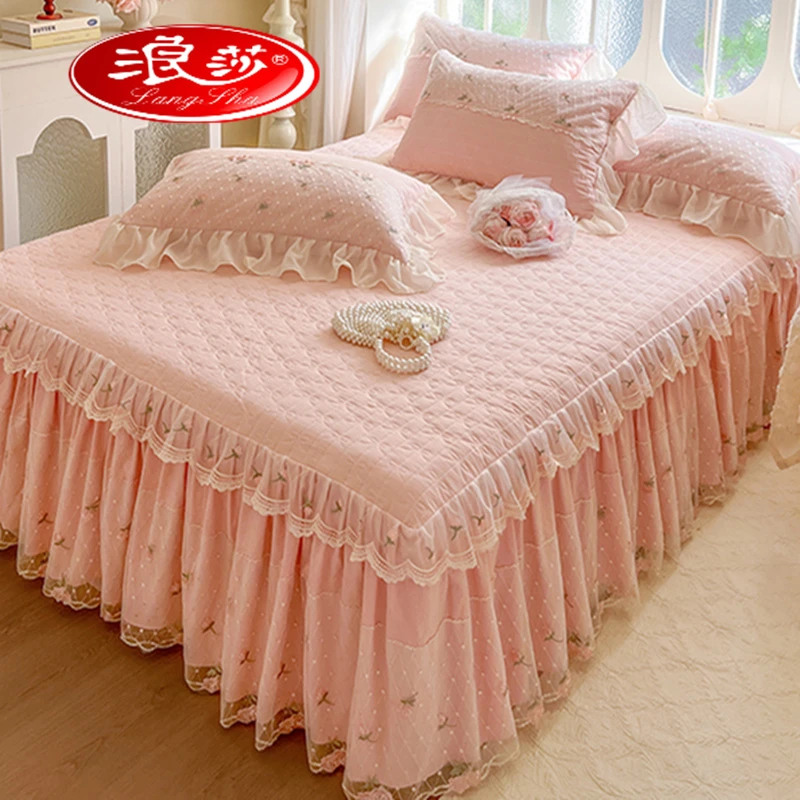 浪莎蕾丝床裙单件水洗棉床罩床单带裙边床围裙罩三四件套公主风