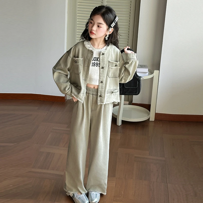 女童牛仔套装春季儿童洋气外套阔腿2025春秋中大儿童6-12岁两件套