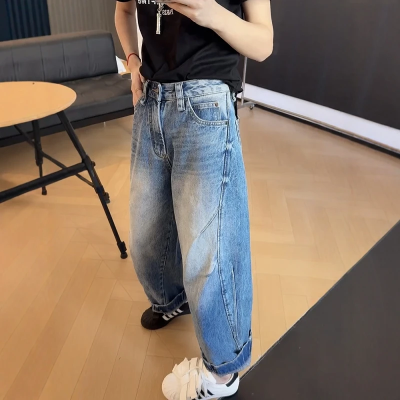 大码女装复古百搭直筒牛仔裤女2025秋季新款高腰显瘦九分哈伦裤子