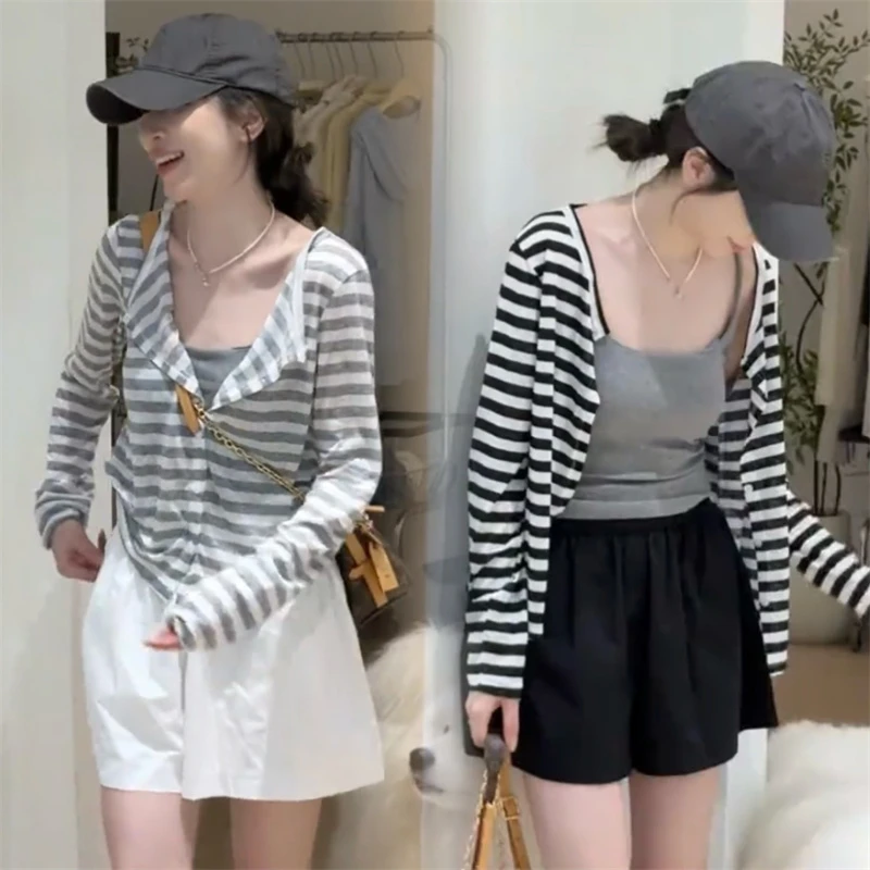 韩系松弛感一整套穿搭条纹长袖开衫灰色吊带背心阔腿短裤三件套女