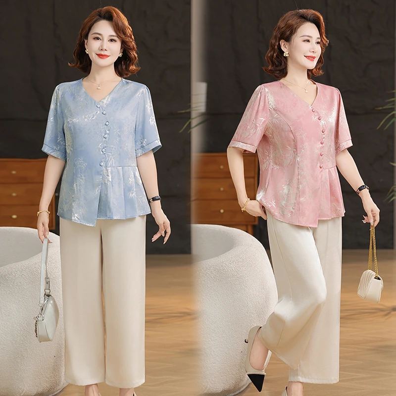 妈妈时尚洋气套装短袖T恤上衣宽松中老年女夏装裤子两件套薄款