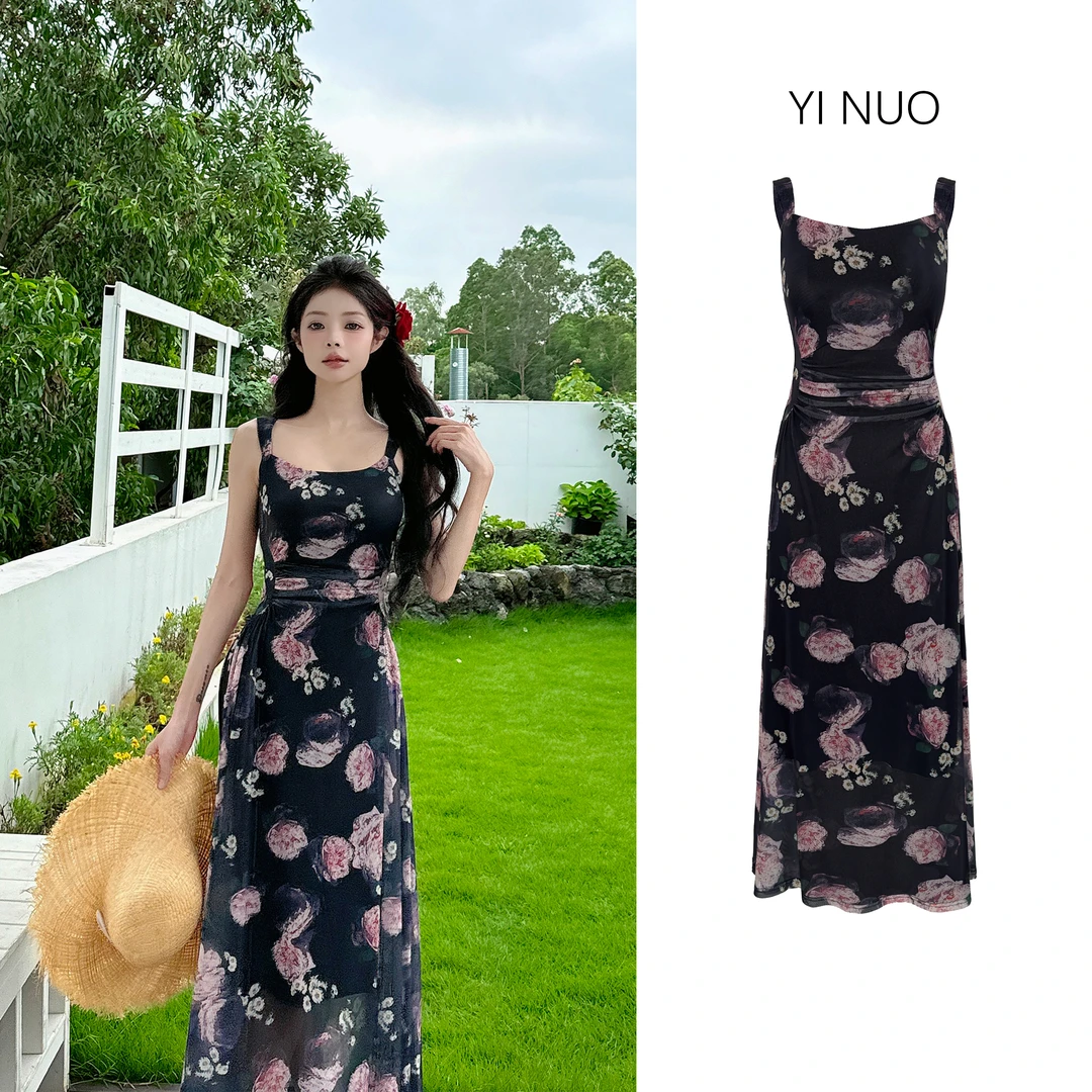 新款气质百搭掐腰A摆宽吊带设计感连衣裙DD016-123