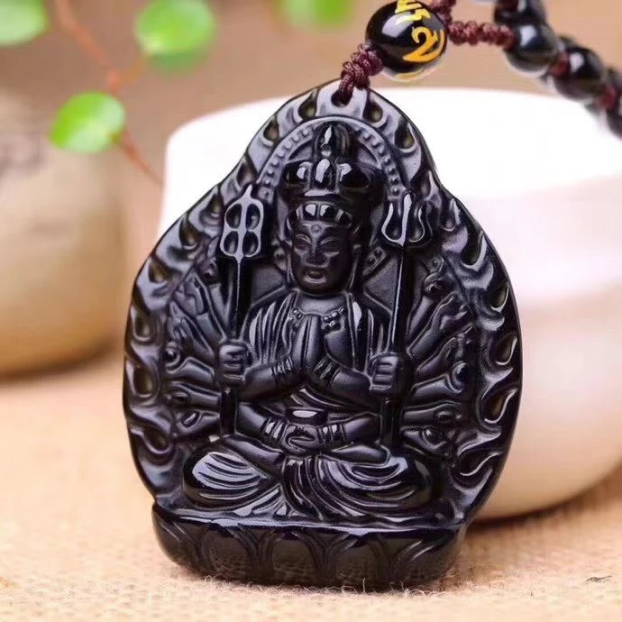 天然黑曜石生肖本命佛吊坠十二生肖守护佛男女项链黑曜石挂件礼物