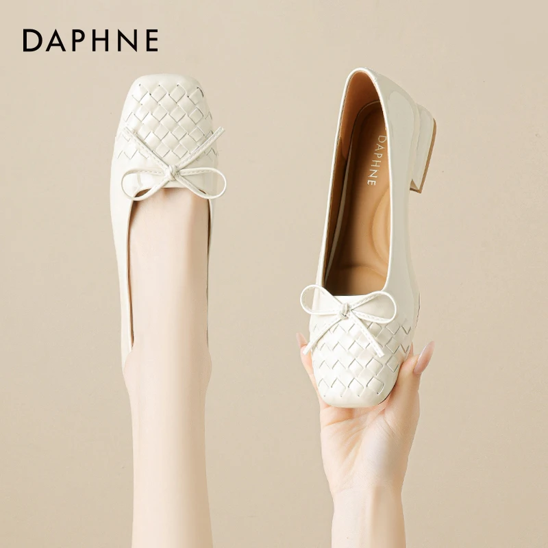 达芙妮复古方头蝴蝶结编织浅口粗跟单鞋女款2025夏季新款休闲女鞋