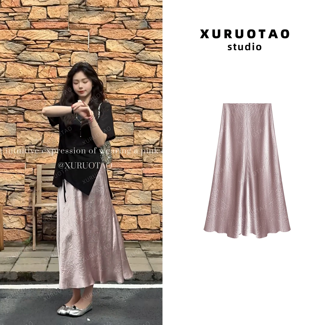 XURUOTAO 【樱花醋酸裙】100醋酸滑面设计感樱花粉半身裙 T5387