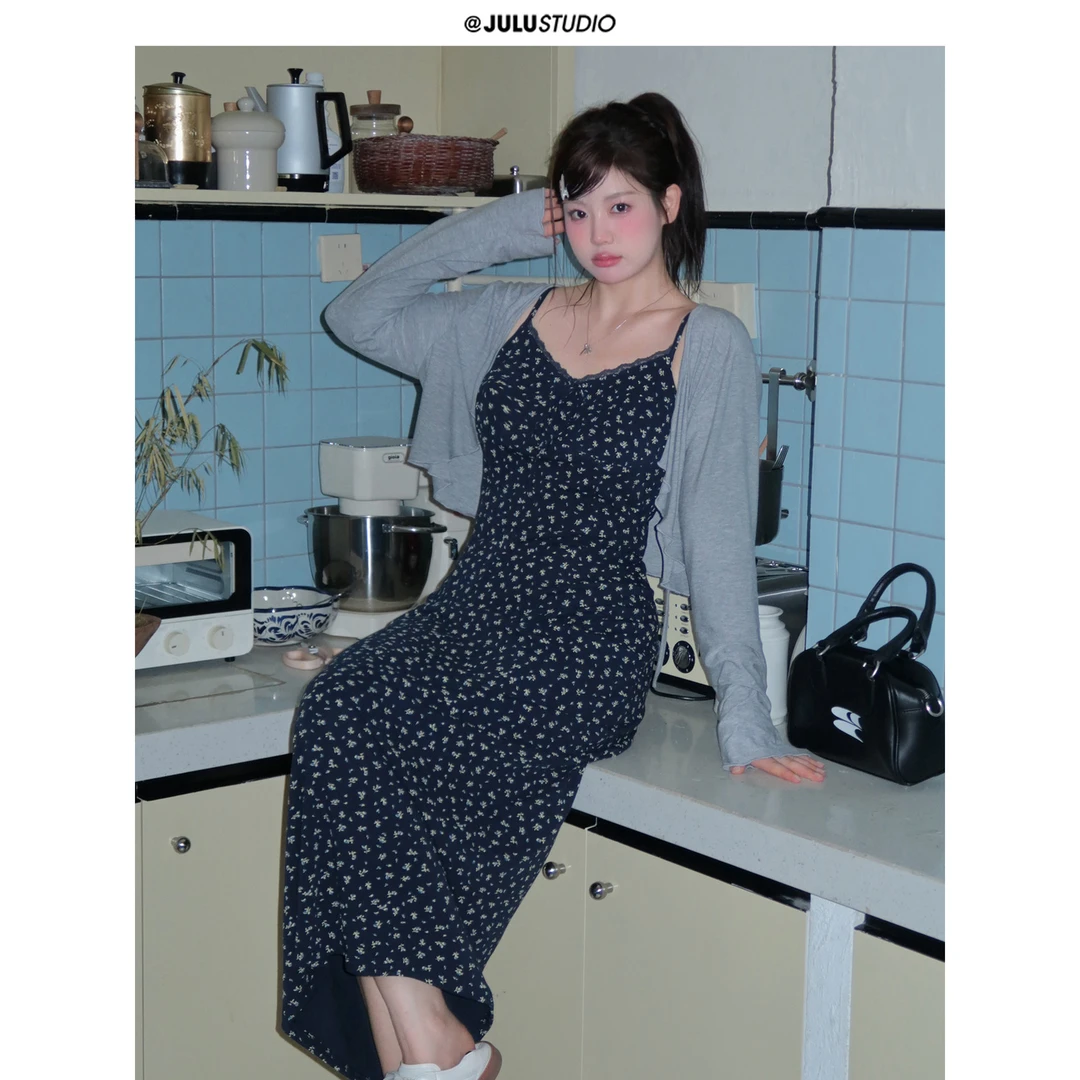 巨鹿工作室“午后懒睡”微胖mm纯欲碎花显瘦吊带长裙大码连衣裙开衫