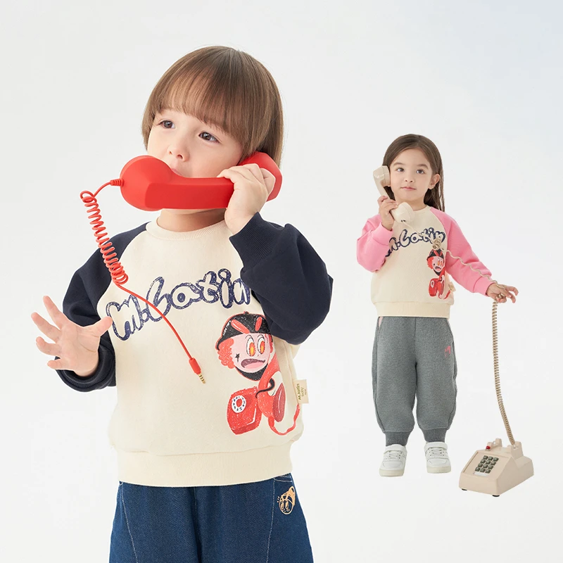 马拉丁童装儿童卫衣春新款男女童小童童趣插肩袖撞色圆领卫衣