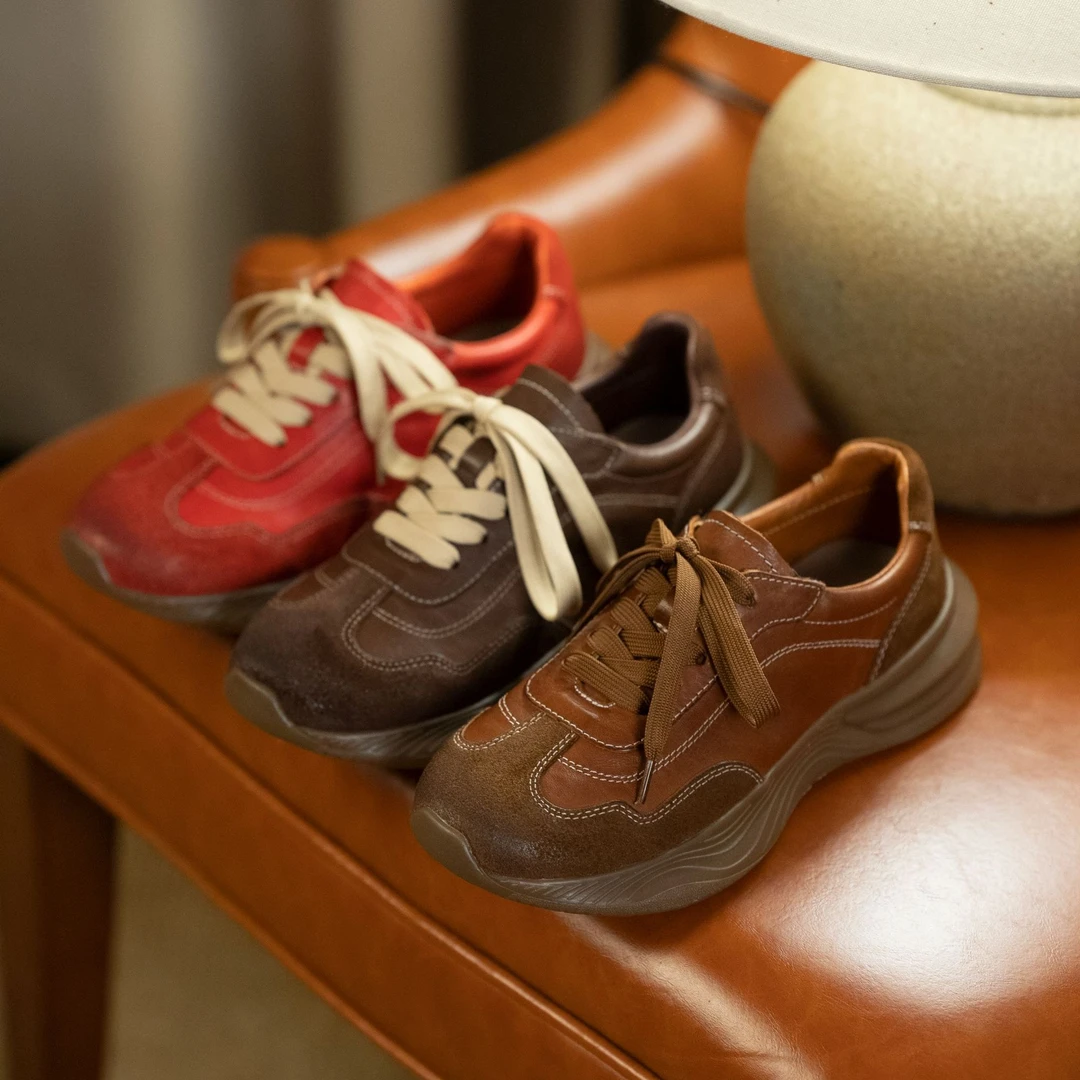 秋季新款复古女鞋ins低帮厚底潮鞋真皮百搭时尚系带鞋子9227-1