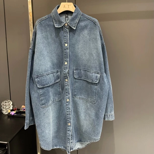 （老三）韩版水洗宽松显瘦通勤百搭中长款上衣复古蓝色牛仔衬衫