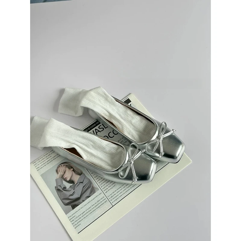 蝴蝶结芭蕾风一脚蹬懒人鞋新款百搭小香风玛丽珍浅口平底银色单鞋