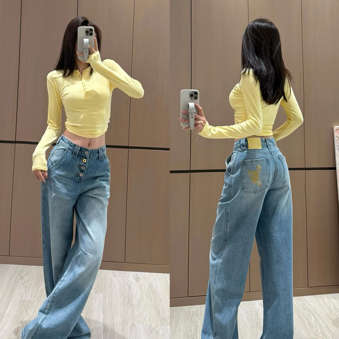 春季高货新款时尚牛仔裤女宽松显瘦直筒百搭显瘦设计感裤子9552