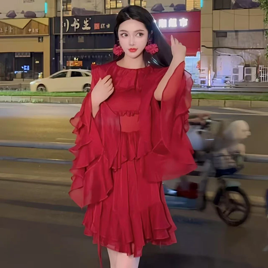 亚町家原创3279轻奢风显瘦女装连衣裙长款法式气质高贵优雅红色