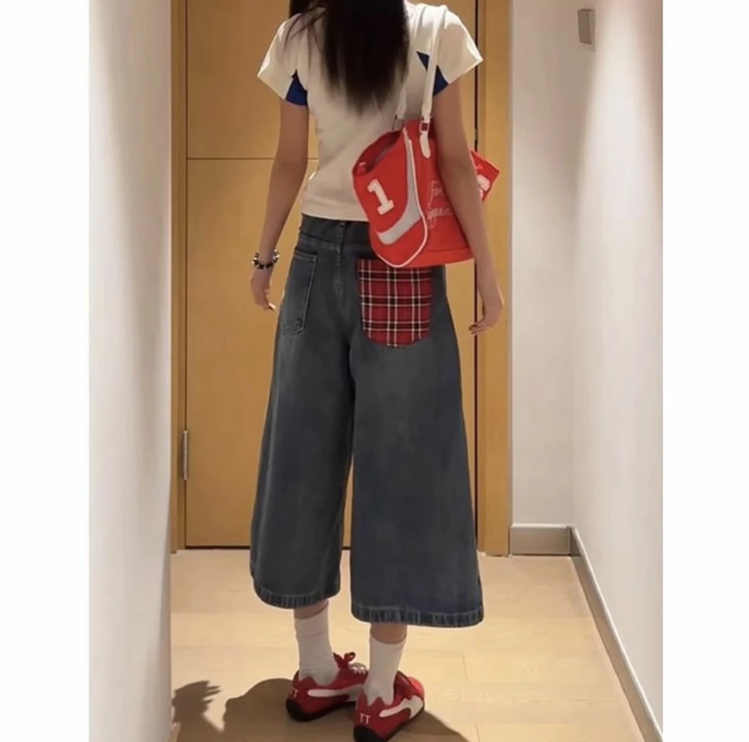 【李小梨专属】夏季薄美式复古格子拼接高腰宽松直筒显瘦七分牛仔裤