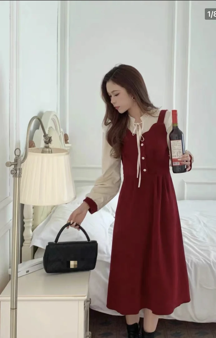 法式假两件长袖连衣裙女秋季显瘦遮肚A字裙胖MM