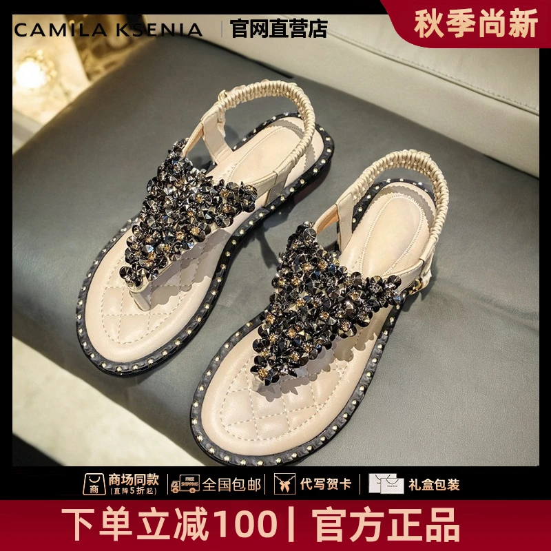 官网小c&k旗舰店2025秋冬夹趾凉鞋平底水钻罗马鞋拖鞋女鞋外穿