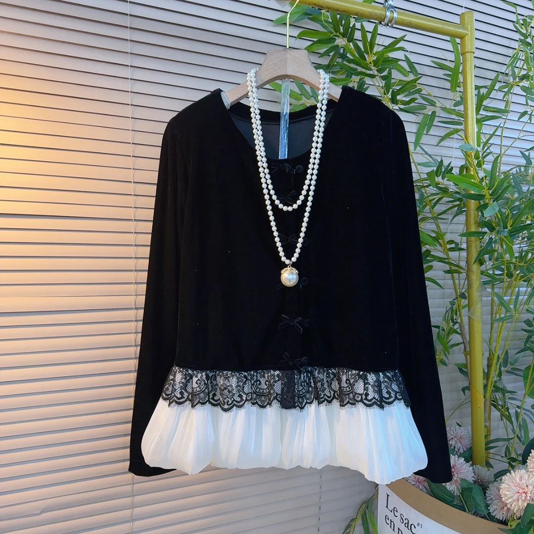 315胖mm欧货时尚名媛风圆领蝴蝶结拼鎏金纱欧货潮流设计感丝绒衫