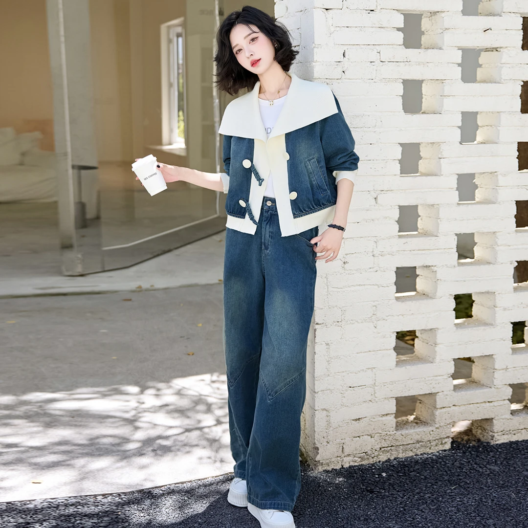 出口法高端精品2025秋季港风海军领牛仔减龄短外套直筒裤套装