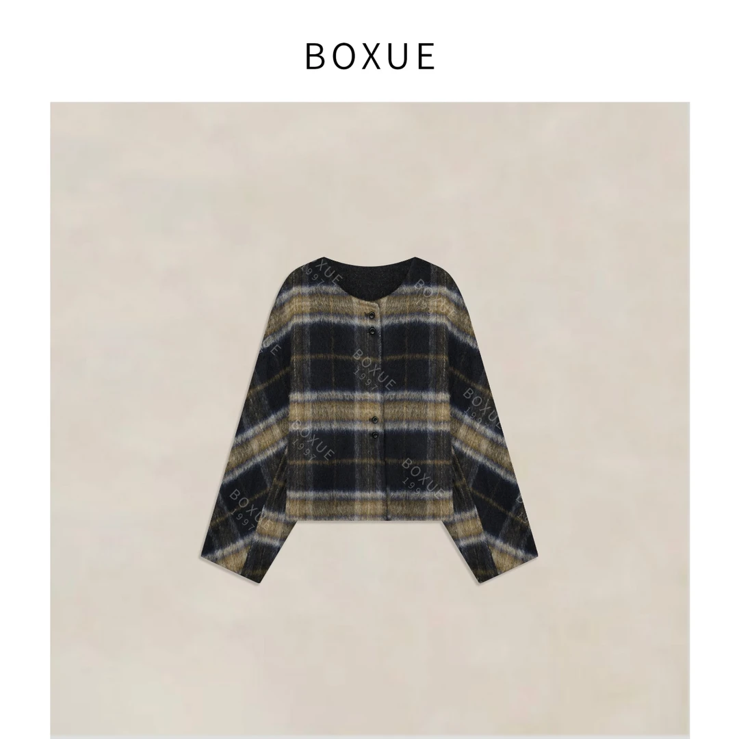 BOXUE“三冬暖”2025秋冬格子羊.毛苏丽大衣轻奢外套#250912W4744