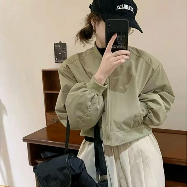 薄款螺纹长袖拉链保暖秋季短外套春季纯色设计感立领