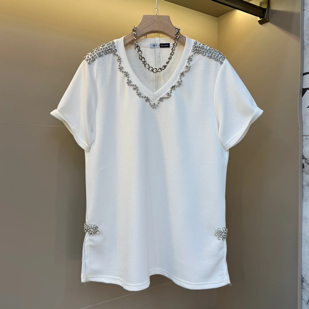 2025新款欧洲站v领重工钉珠双层开叉小心机设计感大码小衫25104