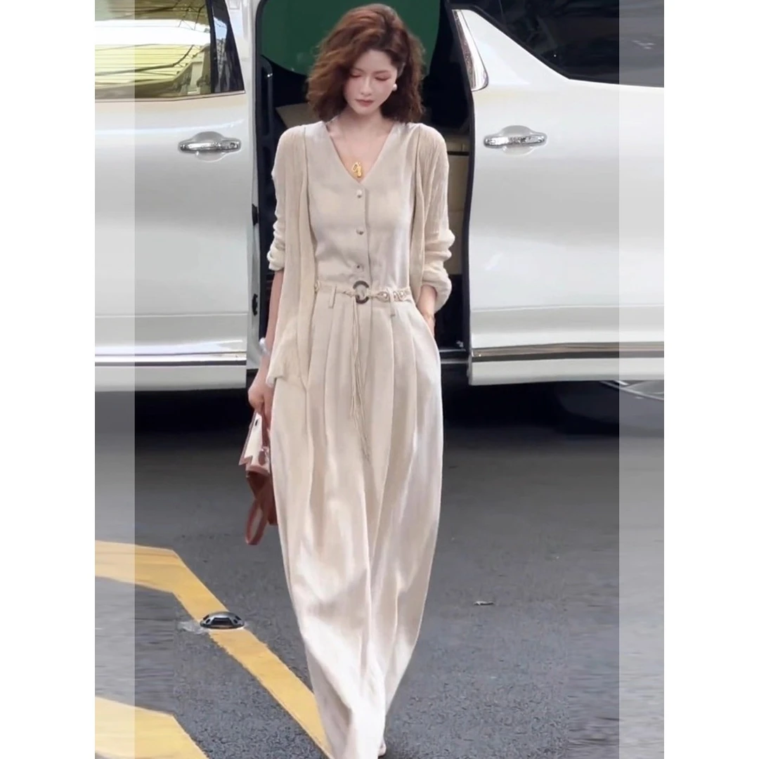 套装两件套高级感轻奢高端名媛女神范精致大方得体杏色连衣裙秋