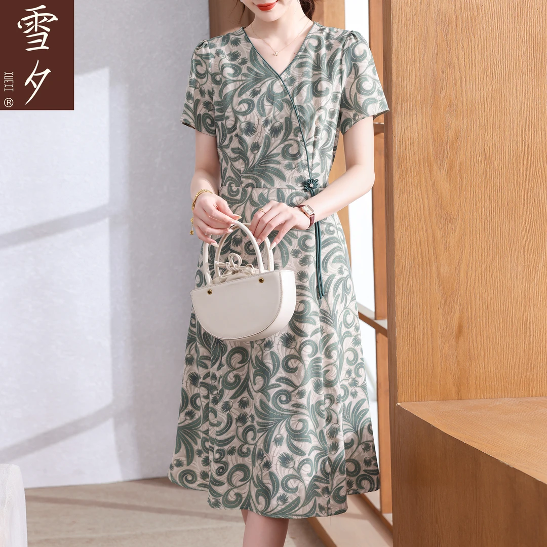 雪夕妈妈夏装连衣裙端庄大气2025新款50岁中老年女夏季短袖长裙子